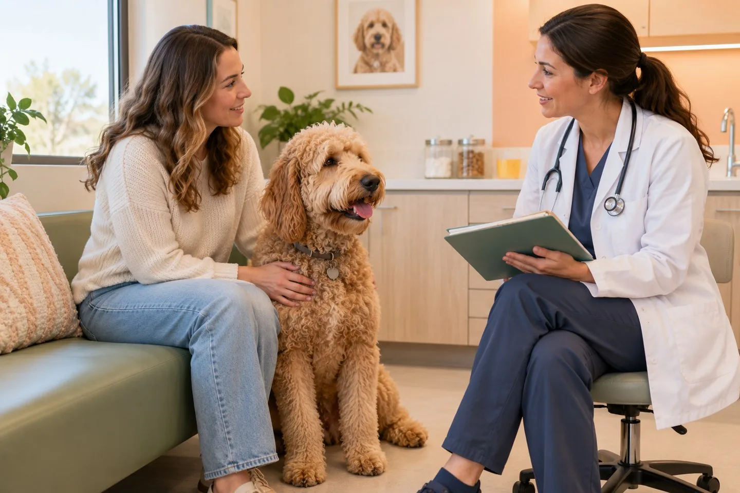 Owner and veterinary professional discussing paperwork beside a curly-coated dog